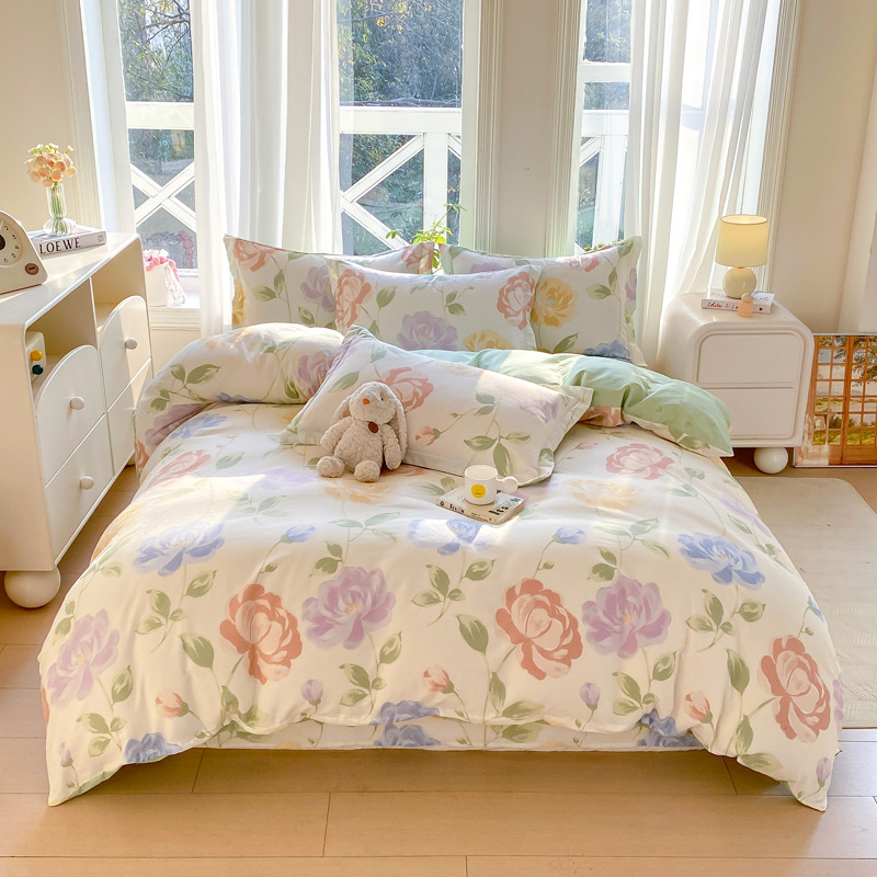 春秋款新款100%全棉床上四件套小清新纯棉被套床单学生宿舍三件套