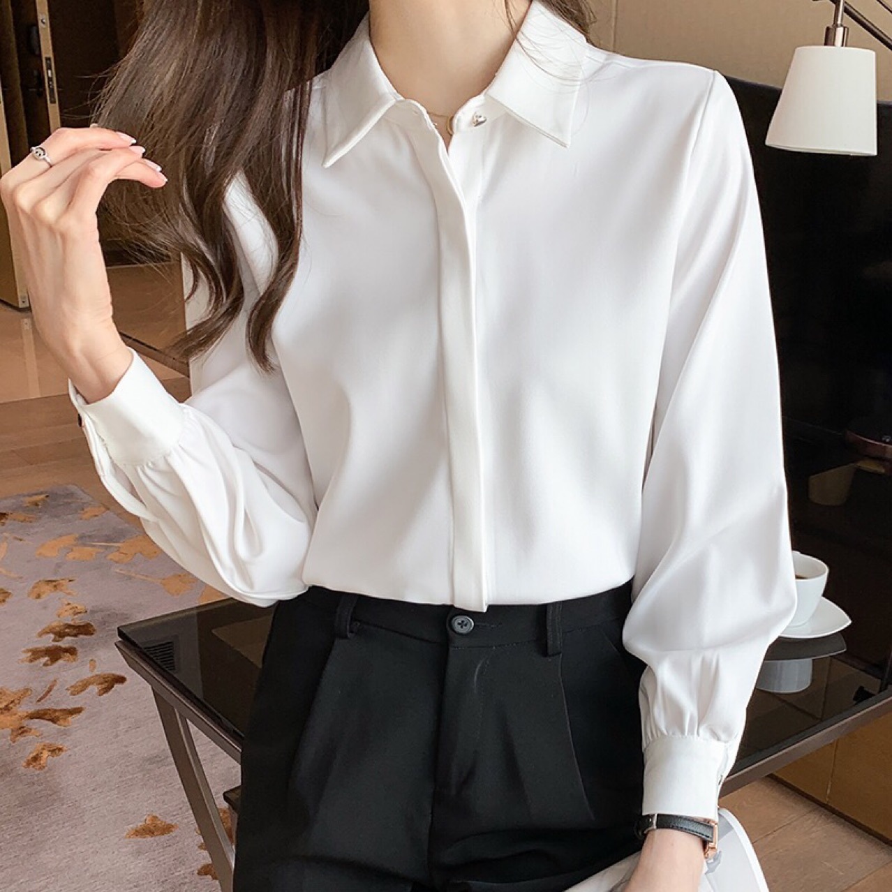 2021春季新款白色衬衫女长袖韩职业正装缎面衬衣女上衣