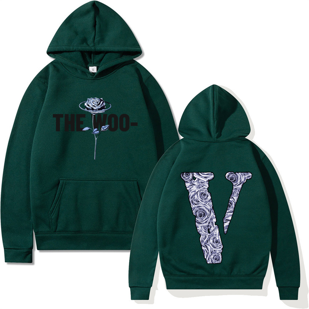 热卖欧美潮牌vlone联名玫瑰大v印花潮流男女情侣宽松连帽卫衣