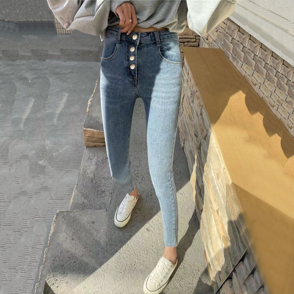 排扣牛仔小脚铅笔裤图片