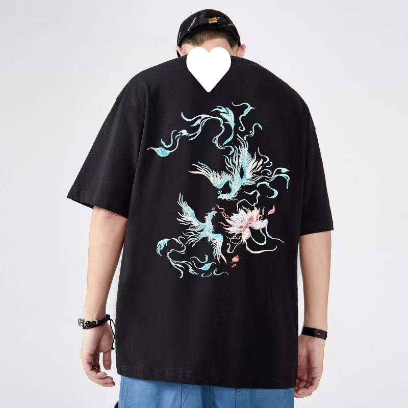 短袖国潮中国风t恤男夏季薄款宽松大码青年刺绣凤凰图案半袖短袖