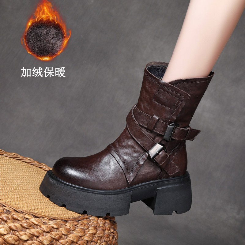 吉树头层牛皮中筒女靴手抓纹真皮搭扣厚底马丁靴粗跟棉靴冬季保暖