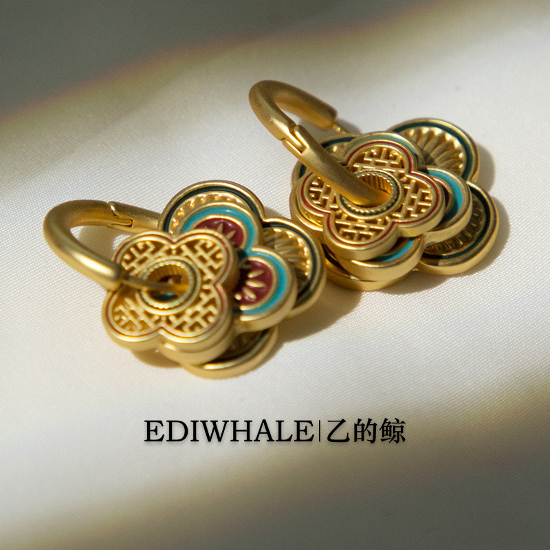 新中式古法沙金敦煌色系DIY搭配环形纹样真金电镀滴釉女耳环