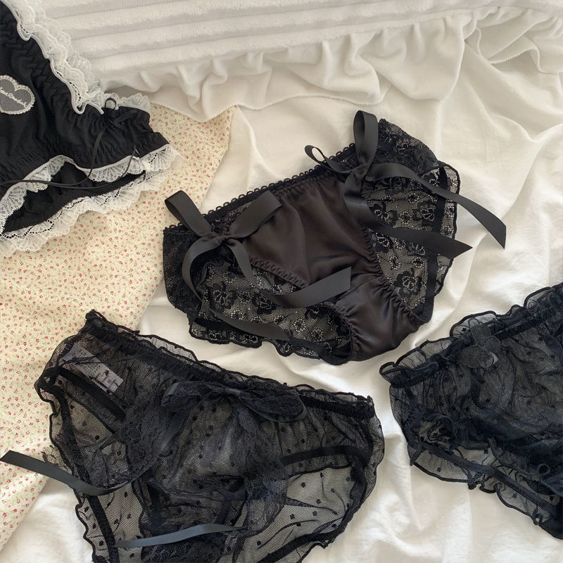 少女日系~边中纱jk黑色内裤性感腰萝莉三角裤莫代尔蕾丝可爱女网