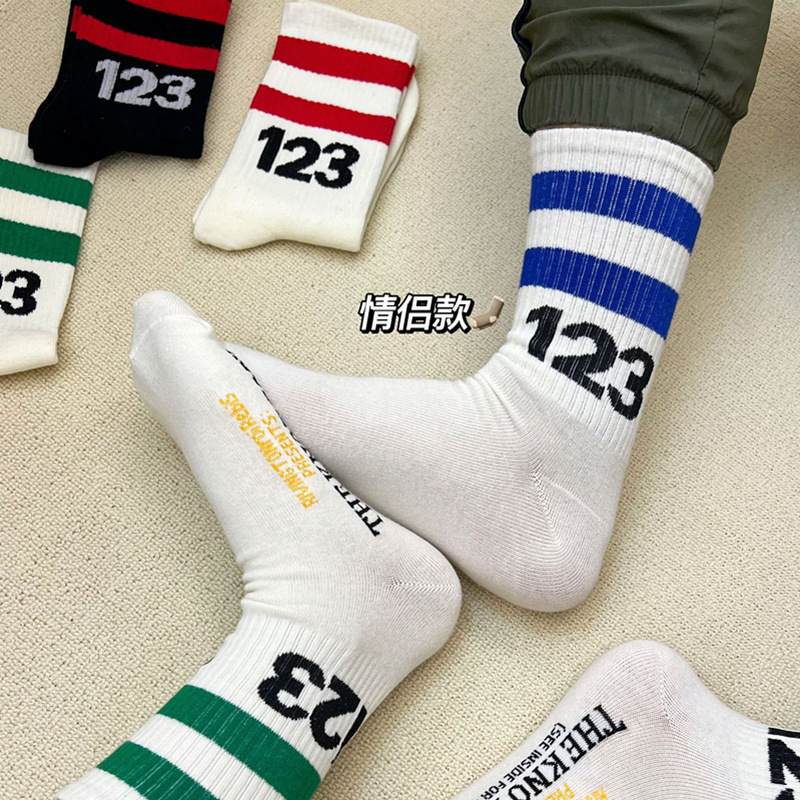 5 Pairs 123 Tube Socks European and American Fashion High Street Retro Striped Socks Ins Sports Hip-Hop Street Couple Cotton Socks