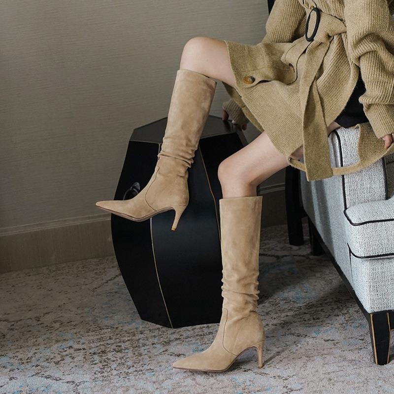 英魅尔2022秋冬季细跟高筒靴女皱皱靴尖头高跟不过膝长筒及膝靴