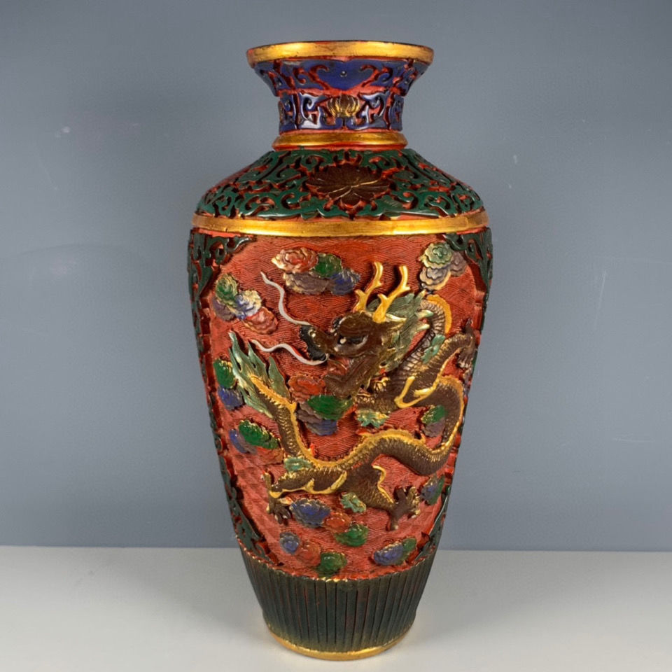 古玩杂项收藏大清乾隆年制漆器彩绘龙纹瓶花瓶赏瓶精品仿古摆件