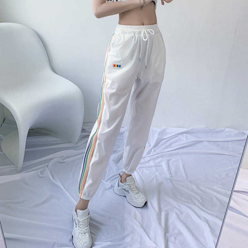 Ice Silk Leggings Spring and Summer Thin Small Rainbow Striped 2023 New Ankle-Tied Quick-Drying Sports Leisure Cropped Harem Pants