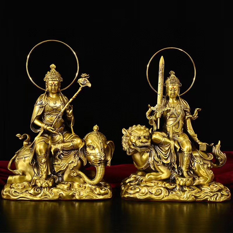 黄铜文殊普萨佛像摆件普贤菩萨像本命佛铜像家用佛堂玄关供奉大号