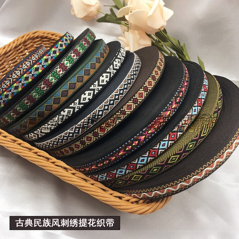 factory wholesale 1cm wide ethnic style lace accessories diy color embroidery jacquard net tape ancient style han chinese clothing decorative band