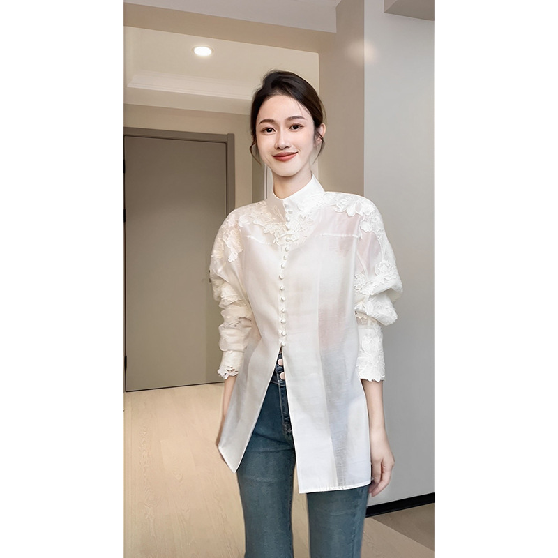 this year‘s popular beautiful chic top new chinese style national style white stand collar lace long sleeve shirt women‘s autumn and winter