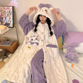 珊瑚绒睡衣女款秋冬季加厚加绒冬天卡通可爱粉小猫家居服套装睡袍