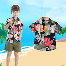 欧美跨境童装父子度假亲子装新一家三口沙滩风短袖男童衬衫花衬衫