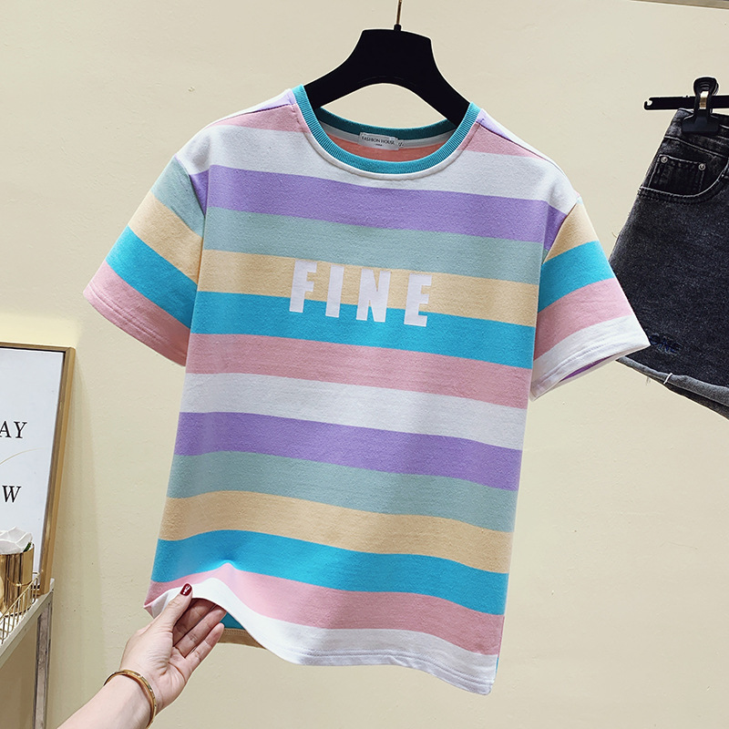 短袖t恤女装夏季宽松彩色条纹2021年夏装新款女士棉半袖上衣服