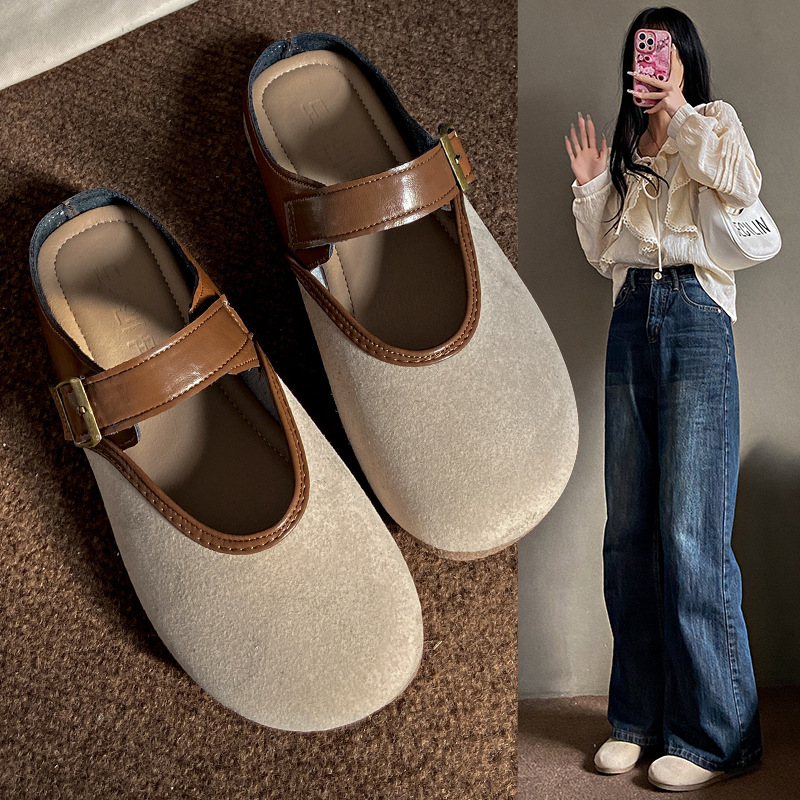 closed toe half slippers for women 2024 autumn new mori style retro japanese casual soft flat bottom ugly and cute birkenstock