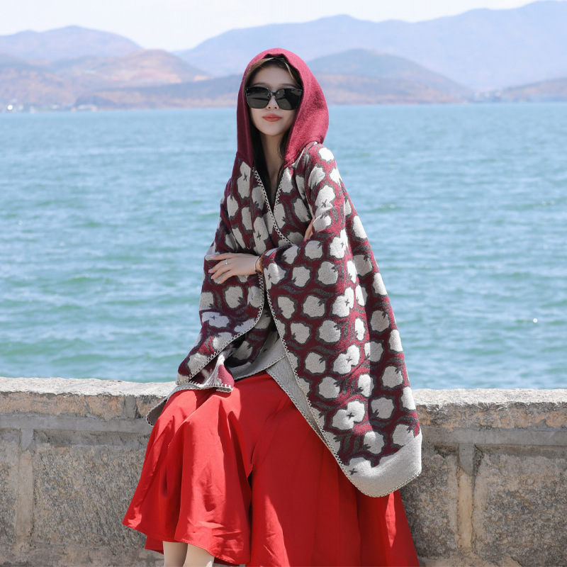 Artistic Retro Style Thickened Hooded Scarf for Women Spring and Autumn New Ethnic Style Shawl Yunnan Dali Travel Wear