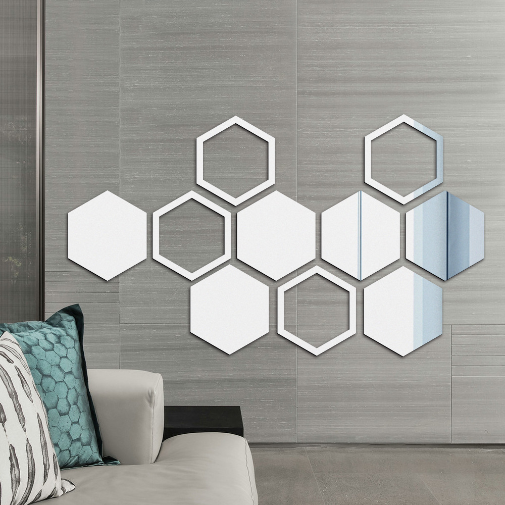 jm676镂空六边形组合亚克力镜面贴立体自粘diy背景墙装饰镜子墙贴