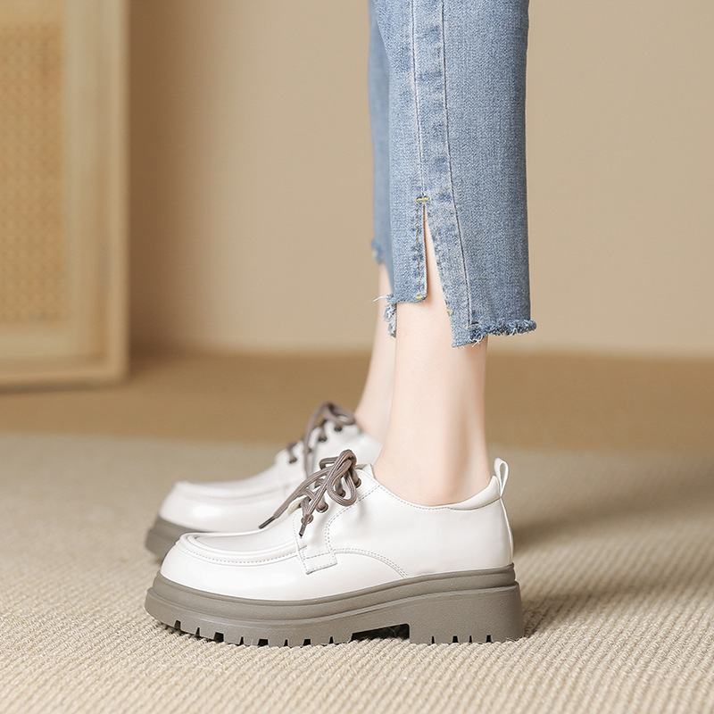 春秋软真皮厚底女鞋子中口系带配长袜裙工作办公日常穿英伦小皮鞋