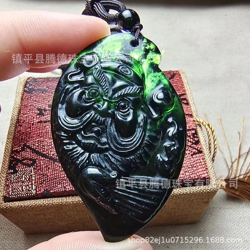 批发墨玉钟馗吊坠强磁墨绿玉天师钟馗项链蛇纹石玉武财神玉坠正品