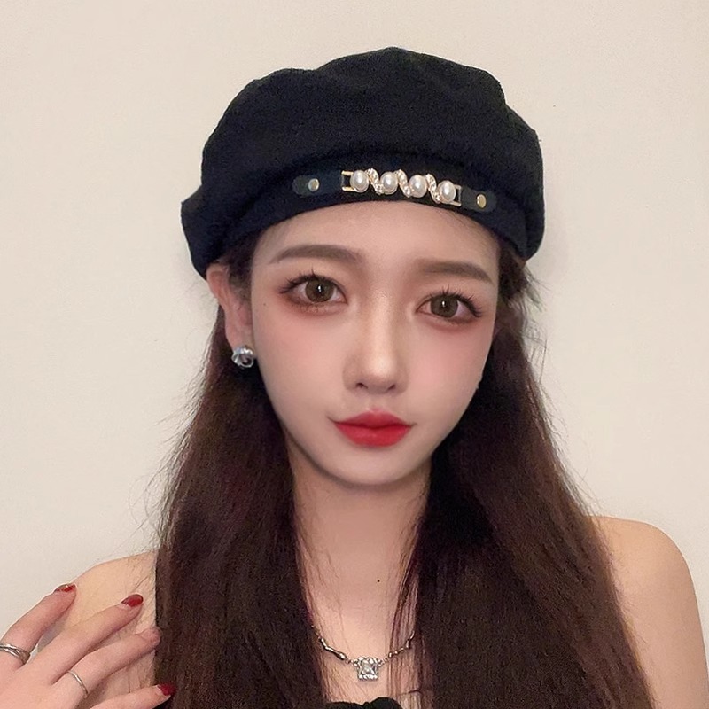 早春款贝雷帽子女款2024时尚珍珠款女春秋英伦复古批发代发蓓蕾帽