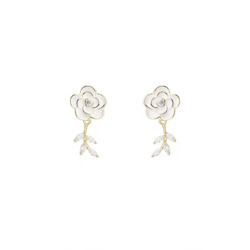 Sterling Silver Needle Fresh Camellia Zircon Earrings Elegant Earrings for Women 2022 New Niche Design Earrings