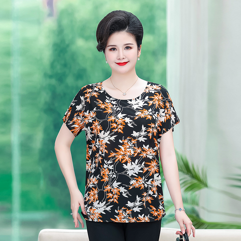 Middle-Aged and Elderly Batwing Sleeve plus and Extra Size Mom Wear 100.00kg Elderly T-shirt Top Short-Sleeved Summer Clothes Women's Milk Silk