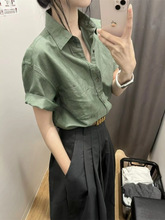 绿色棉麻正肩短袖衬衫女夏季薄款高级感超好看亚麻衬衣polo领上衣