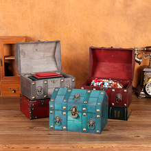 跨境新款复古收纳盒桌面首饰盒带锁木盒子创意藏宝箱收藏盒道具箱