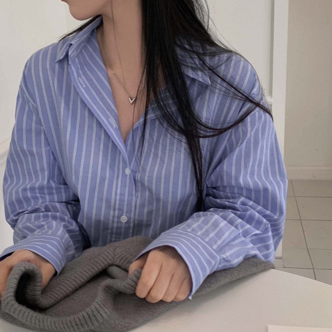 2024新款女式衬衣韩国chic早春秋条纹衬衫韩系设计感衬衣外搭女