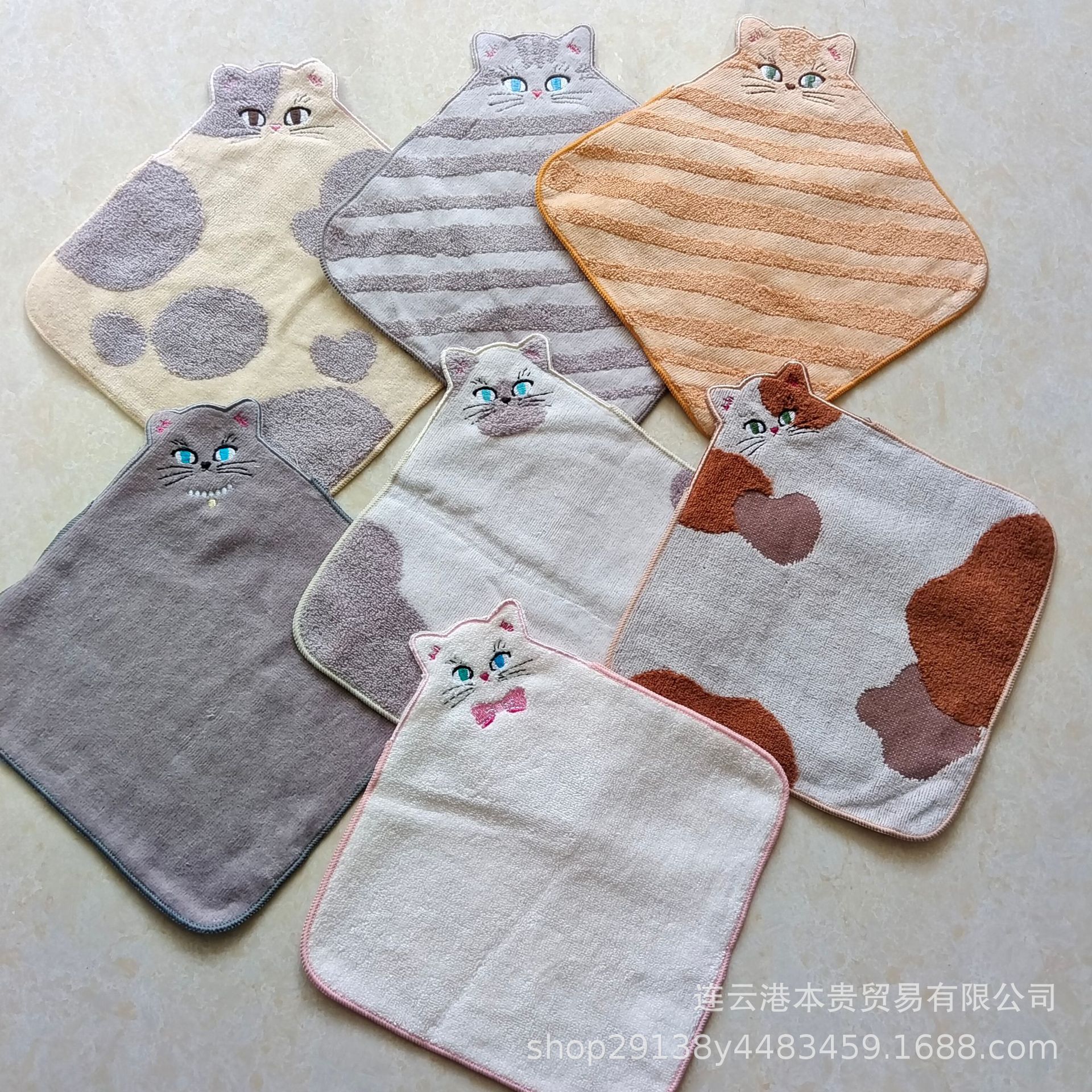 日单出口外贸 猫咪 异形小方巾 洗脸巾小毛巾 手帕可爱卡通擦手巾