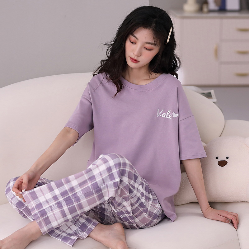 Pajamas Women's Summer Short-Sleeved Trousers Spring and Autumn Solid Color Cotton Korean Style New Thin Summer Cute 2023 Ladies' Homewear