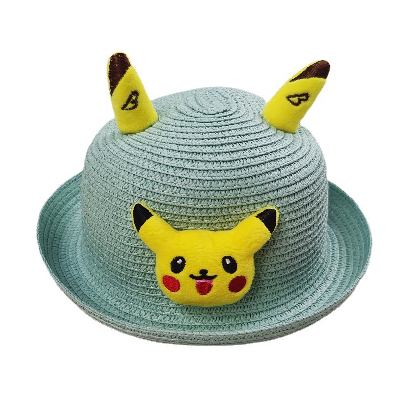 Cross-Border Children's Pikachu Woven Straw Hat Boys and Girls Cute Cartoon Elf Bucket Hat Kids Sun-Shade Fisherman Hat