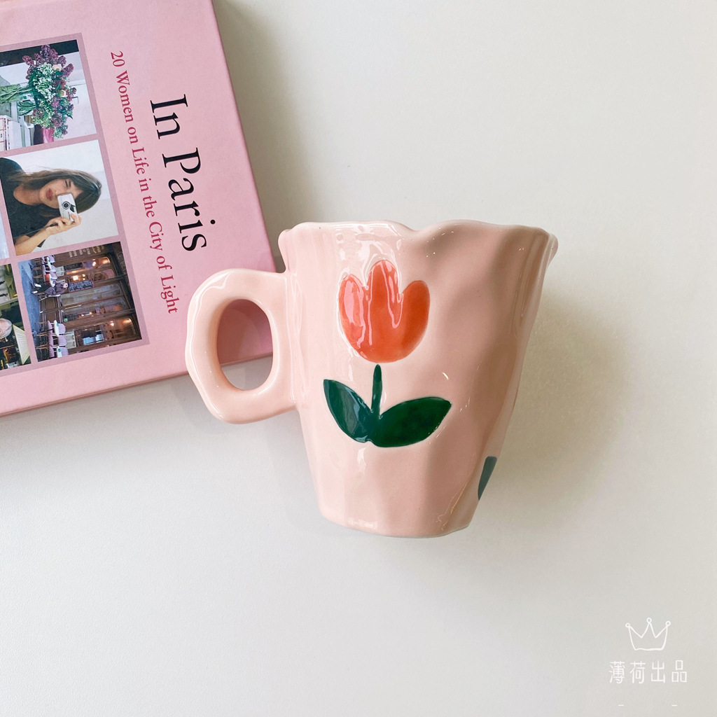 手捏杯小众手绘郁金香紫色花朵马克杯陶瓷杯手作复古创意礼物