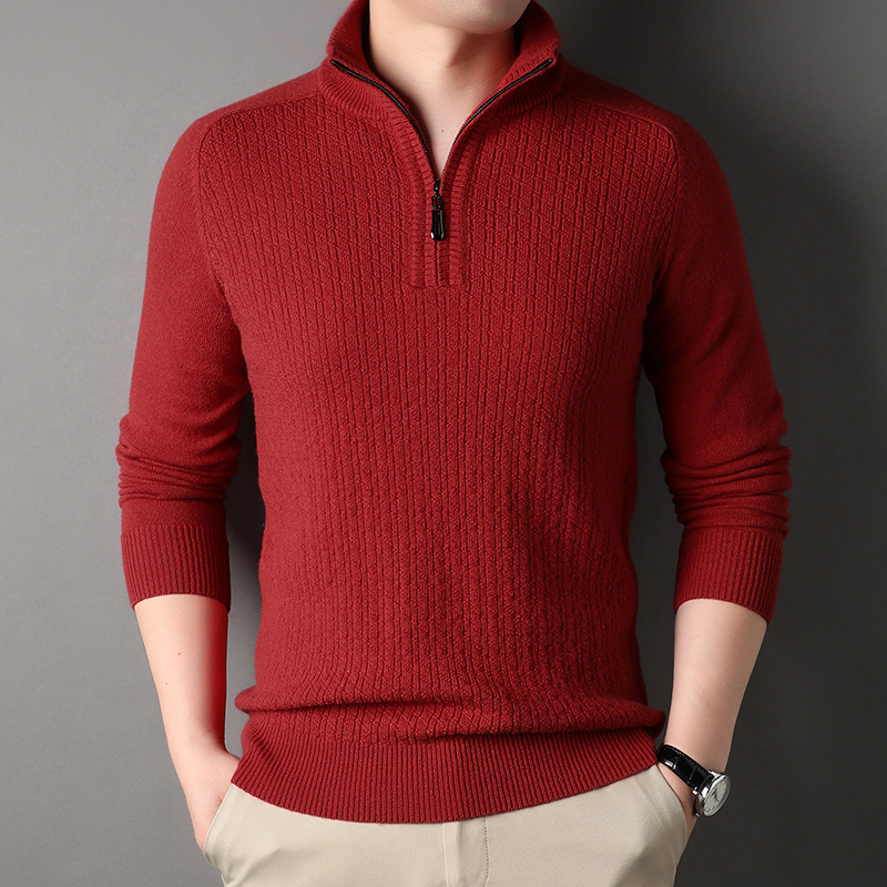 2023 Men's 100% Woolen Sweater Winter High-Grade Half Turtleneck Zipper Sweater Pure Wool Sweater Thermal Bottoming Shirt