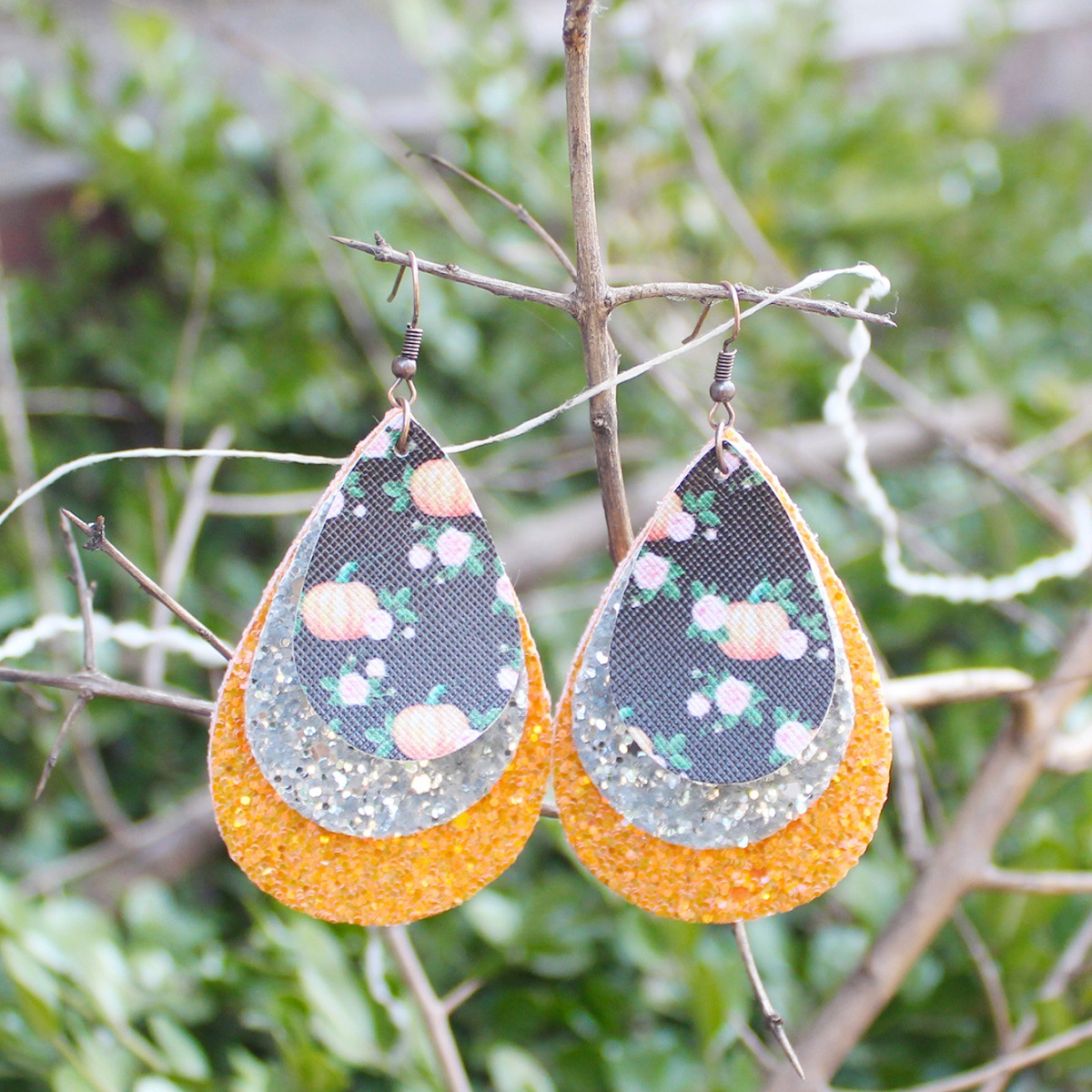 Halloween Three-Layer Water Drop Leather Earrings Pumpkin Flower Sequins Particles European and American Festivals Cross-Border Amazon