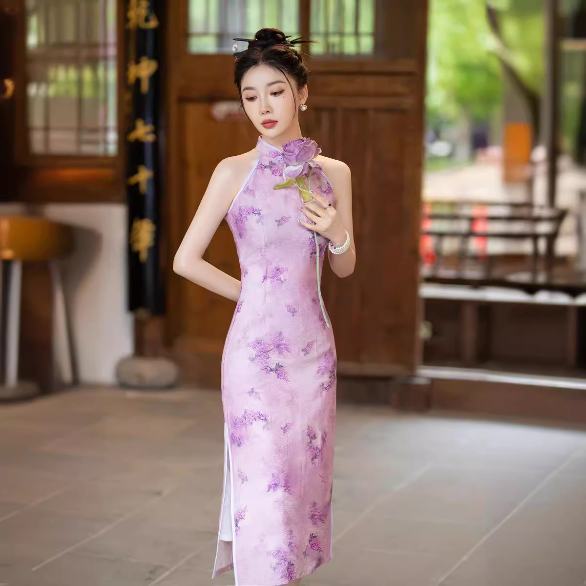 2024夏季新品新中式挂脖长款旗袍紫色性感无袖气质改良年轻款旗袍