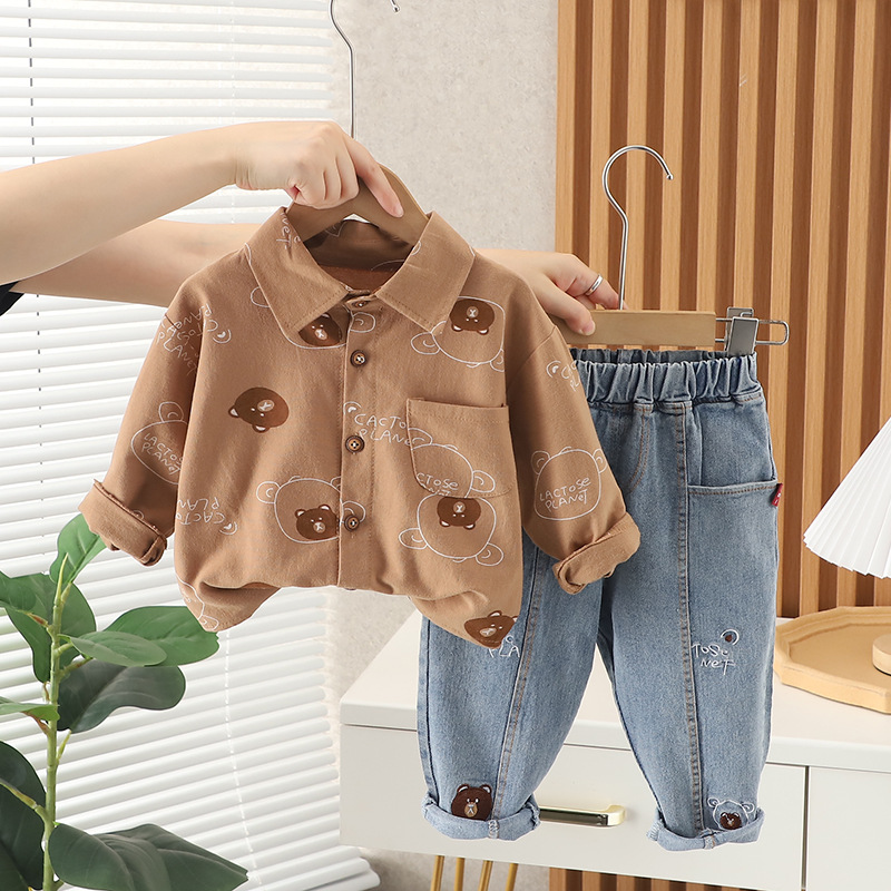 2-3 Years Old Spring and Autumn Children's Clothing Children's Shirt Jeans Cartoon Handsome Kindergarten Fashion Baby Suit Printing Home Baby Clothes