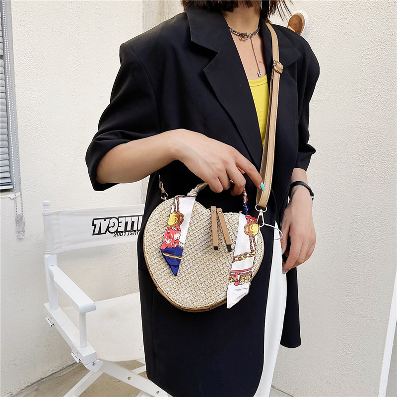 Blue Cool Summer Straw Women's Bag 2021 New Fashion Portable Shoulder Bag Silk Scarf Women's Crossbody Heart Bag