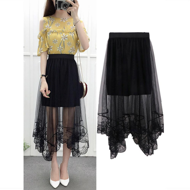 很仙的裙子网纱蕾丝半身裙女夏2023新款中长款黑色仙女流行纱纱裙