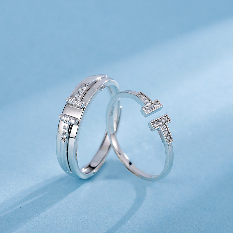 新款925银双t情侣戒指一对时尚韩版男女款镶钻结婚对戒开口可调节