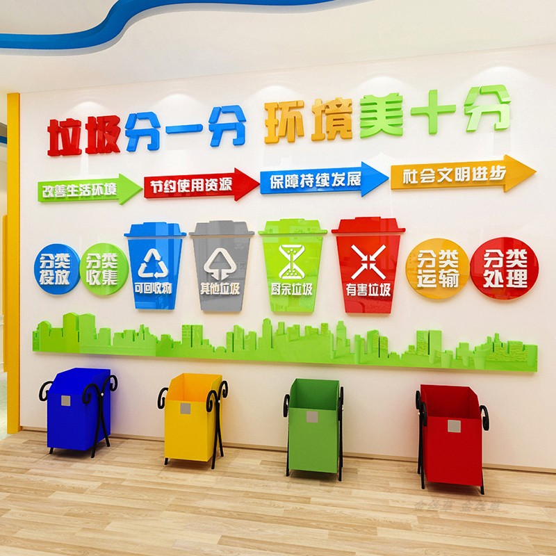 垃圾分类贴纸标识立体墙贴装饰幼儿园亚克力室外立体墙面布置贴画