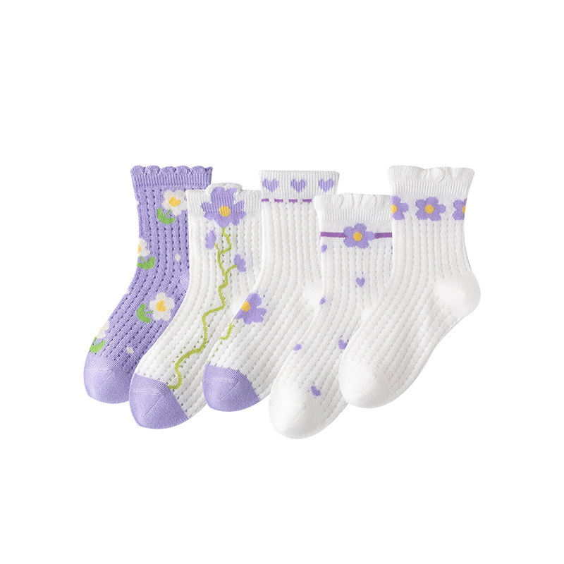 Spring and Summer New Girls' Mesh Socks Mid-Calf Kid's Socks Cotton Breathable Purple Lace Primary School Student Socks for 1-12 Years Old