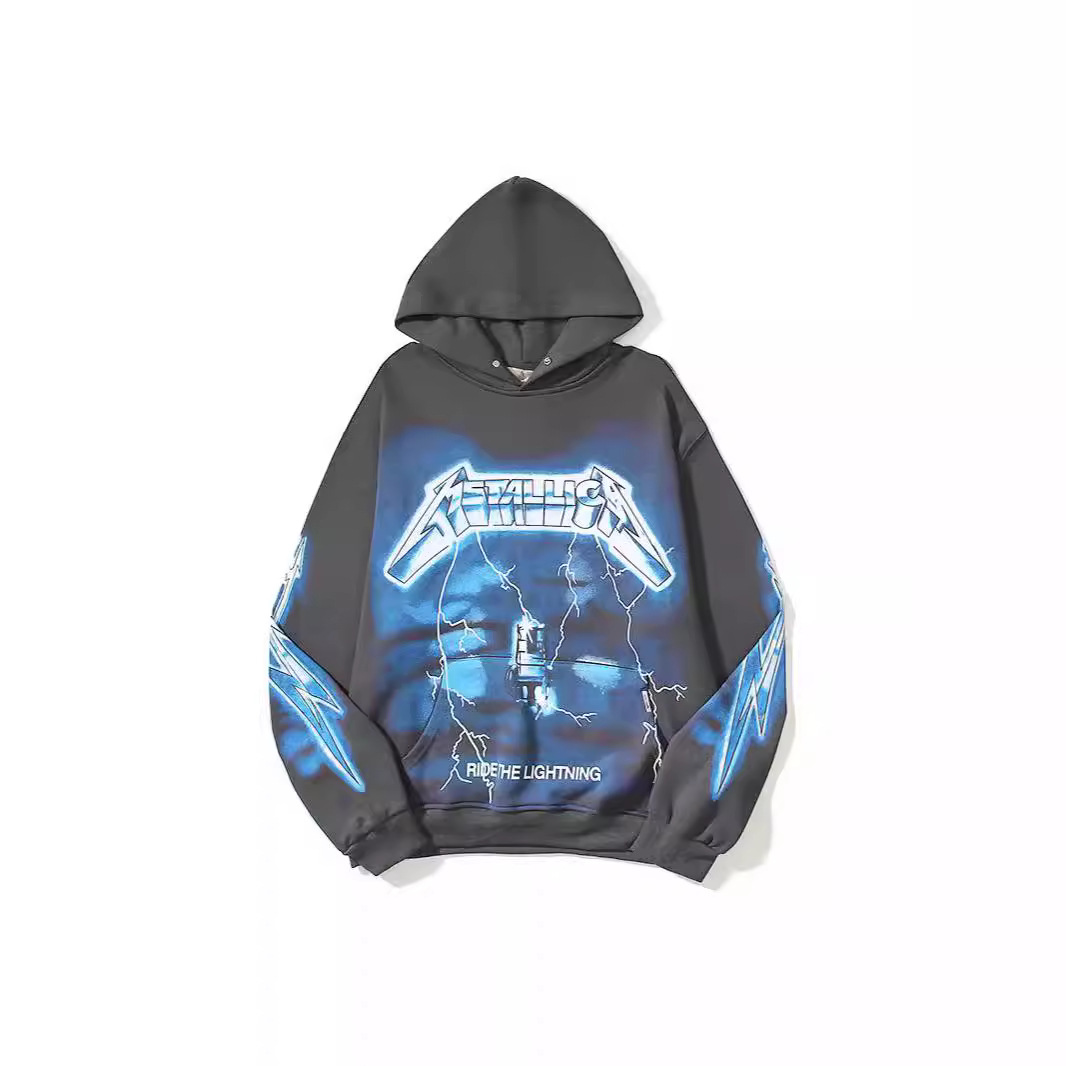 美式represent联名metallica乐队摇滚暗黑闪电连帽卫衣高街宽松帽