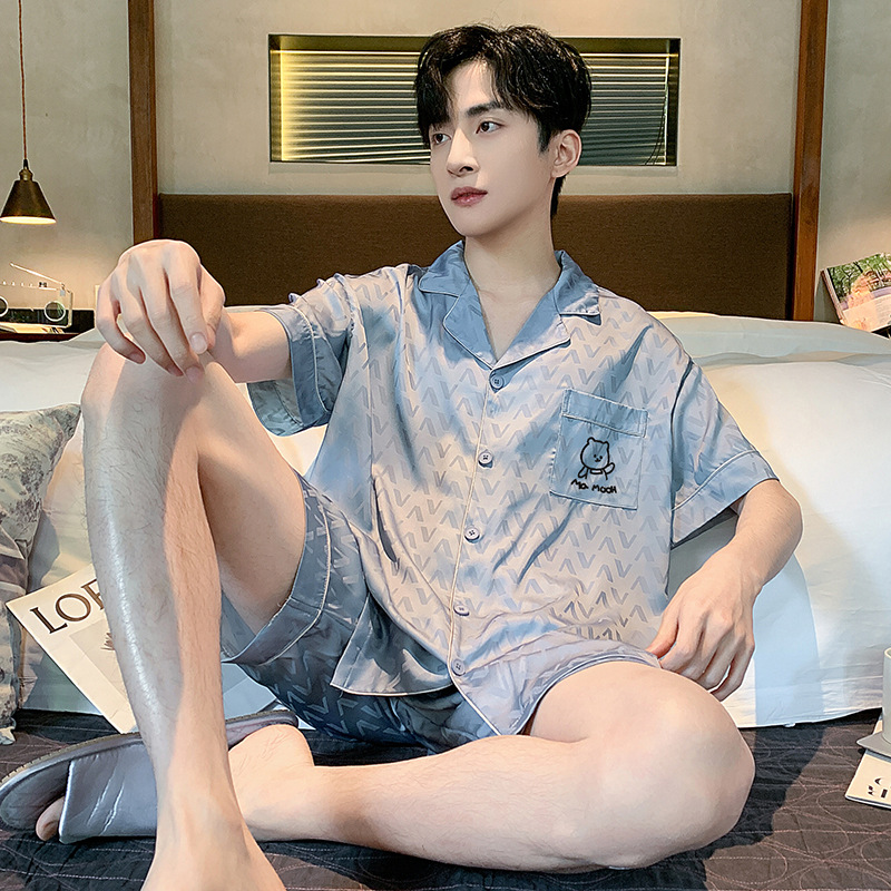 男士睡衣夏季冰丝男款短袖套装开衫薄款家居服丝绸男生2024年新款
