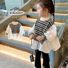 女童假两件衬衫毛衣韩版儿童套头秋装针织衫衬衣女宝宝洋气娃娃衫