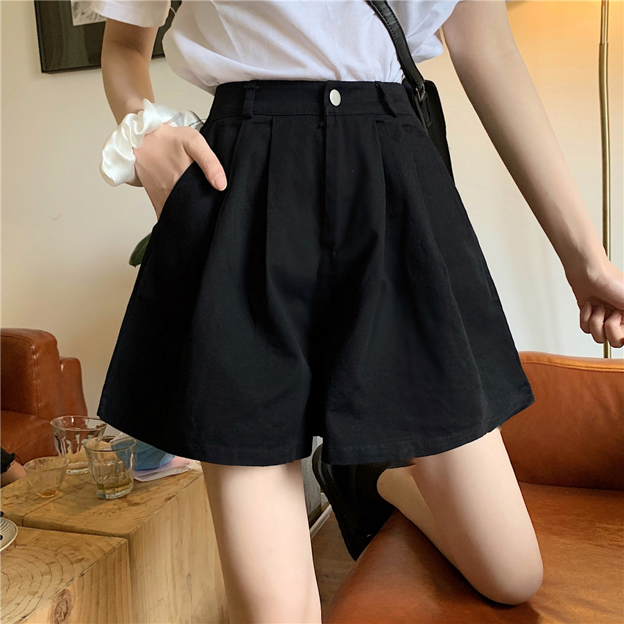 Cross-Border Hot Cotton Black Shorts Women 2023 New Elastic High Waist All-Matching Wide Leg Pants Student Casual Pants