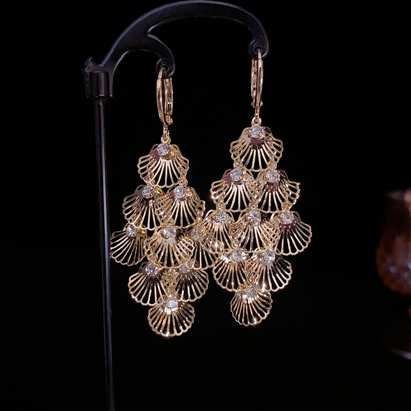 欧美独特复古气质叶子亮片流苏耳扣女个性潮流夸张高级感时尚耳环