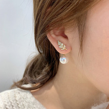 S925银针韩国珍珠叶子耳环一款两戴2022新款网红气质新款潮耳钉