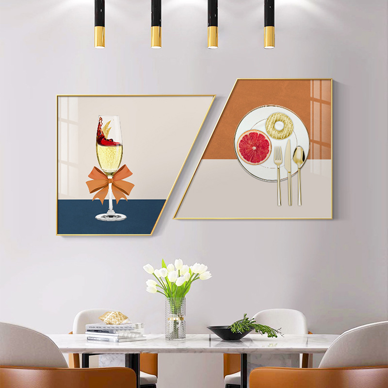 现代轻奢餐厅装饰画刀叉酒杯饭厅背景墙壁画创意梯形两联组合挂画