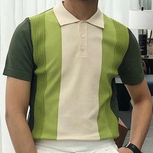 外贸新款男装 夏季绿色条纹针织衫翻领短袖POLO衫T恤上衣男SY0090